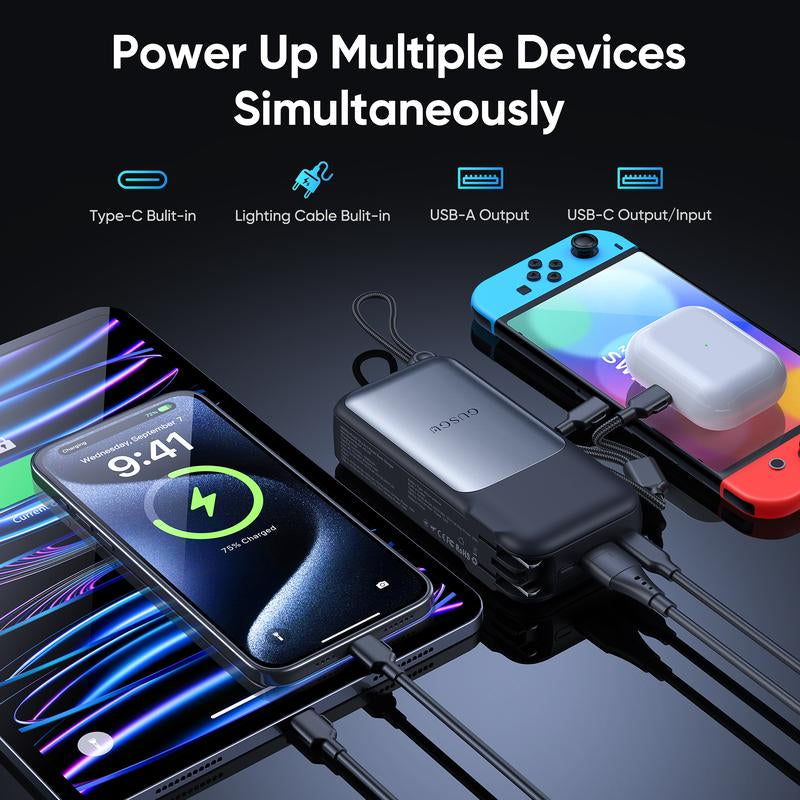 GUSGU 10000Mah Portable Charger Power Bank, 30W Max Fast Charging with Lightning/Usb-C Cable and Foldable Plug, for Iphone, Samsung, Tablets, Laptops, Compact and Travel-Friendly External Battery